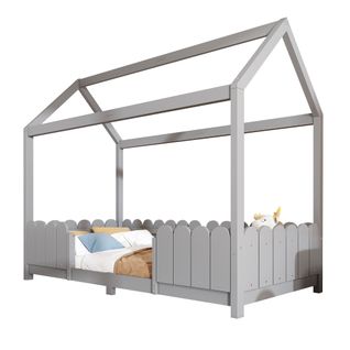 Lit Enfant 90x200 Cm - Lit Cabane Sécurisé Avec Clôtures Et Sommier En Bois - Pin Massif - Grise