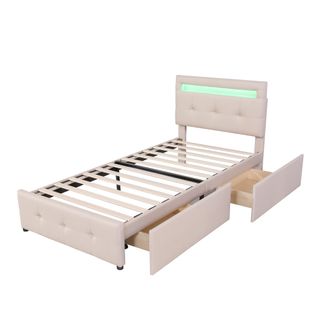 Lit Enfant 90x200 Cm - LED Intégrée + 2 Tiroirs - Rangement Pratique - Velours - Beige