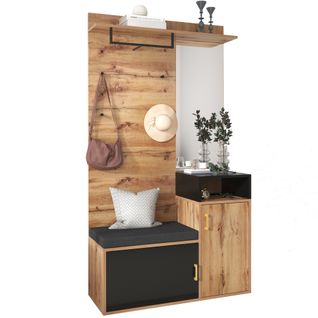Armoire D'entrée Avec Miroir, Banc Et Armoire à Chaussures, Mdf Et Panneaux Particules, Naturel