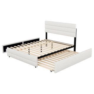 Lit Gigogne 140x200 - Rangement D’appoint - Tiroirs Extensibles - Adulte Et Ado - Lin Blanc