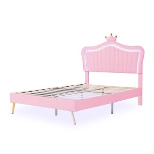 Lit Double 140x200 Cm - Lit Enfant Capitonné Avec LED Et Cadre Pu Couronne Pour Fille - Rose
