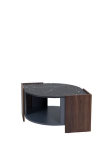 Table Basse Moderne - Design Géométrique - Plateau Marbre - Pieds Bois - Table Salon Bicolore - Noir