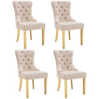 Chaises De Salle à Manger - Lot De 4 Chaises En Velours - Dossier Avec Anneau Doré - Beige
