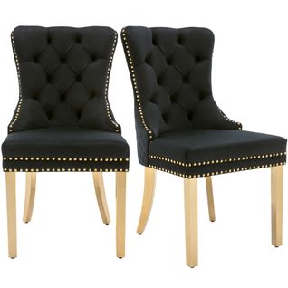 Chaises - Lot De 2 Chaises En Velours - Pieds Dorés - Anneau Décoratif - Style Clouté - Noir