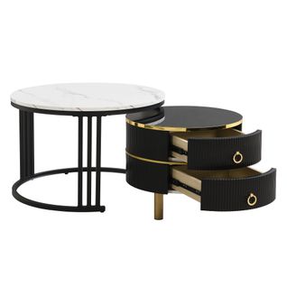 Table Basse Moderne Ronde - Tiroirs - Ensemble Gigogne 2-en-1 - Mdf Et Métal - Effet Marbre - Blanc