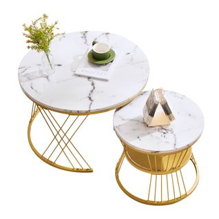 Table Gigogne Lot De 2 Ronde, Avec Finition Mdf Laquée Brillante Et Structure Métal - Blanc
