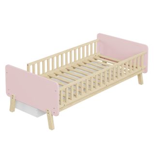 Lit Enfant 90x190 Cm - 2 Tiroirs - Sommier à Lattes - Lit Simple Chambre Fille - Mdf - Rose