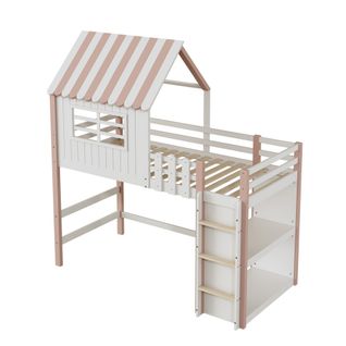 Lit Mezzanine 90x200 Cm Cabane Enfant Avec Échelle Sécurisée Et Rangements - Bois Massif - Rose