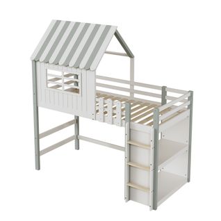 Lit Cabane Enfant 90x200 Cm Mezzanine Avec Échelle Et Rangements Fonctionnels - Bois + Mdf - Vert