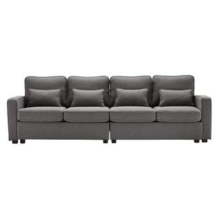 Canapé Droit 4 Places - Design Contemporain - Accoudoirs - 4 Coussins - Tissu Lin - Gris Foncé