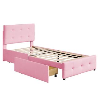 Lit Enfant 90x200 Cm - 2 Tiroirs + Sommier à Lattes - Rangement Confortable - Velours - Rose