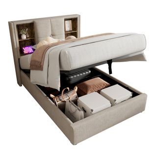 Lit Coffre Simple 90x200 Cm - Chargeur - LED - Lit Rembourré - Rangement - Lin - Aturelle