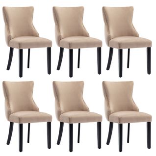 Chaises De Salle à Manger - Lot De 6 Chaises -dossier Boutonné - Velours Beige - Pieds En Bois