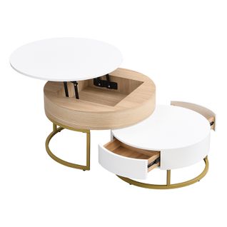 Table Basse Gigogne 2 Pièces - Avec Plateau Relevable - Rangement - 2 Tiroirs - Md - Blanc Et Bois