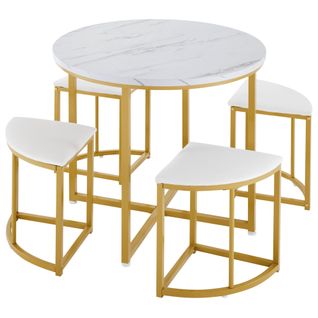 Ensemble Table Et Chaises De Salle à Manger - Table 4 Personnes - Velours - Pieds Dorés -mdf Blanche