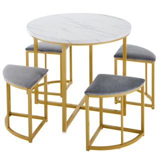Ensemble Table Et Chaises - Table 4 Personnes - Chaises En Velours - Pieds Dorés - Table Mdf - Gris