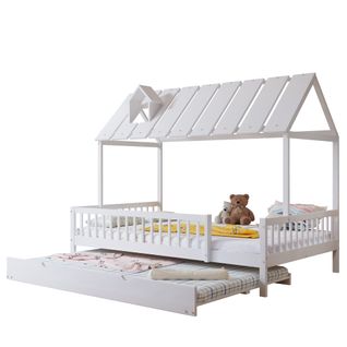 Lit Gigogne 120x200 Cm - Cabane Enfant - Tiroirs Rangement - Toit Cheminée - Pin Mdf - Blanc