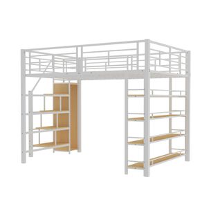 Lit Mezzanine 140x200 Cm - Lit Double Avec Rangement - Escalier Sécurité - Mdf Métal - Blanc