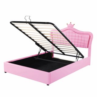 Lit Coffre 140x200 Cm - Lit Enfant Capitonné Avec LED Et Rangement Hydraulique - Pu/mdf - Rose