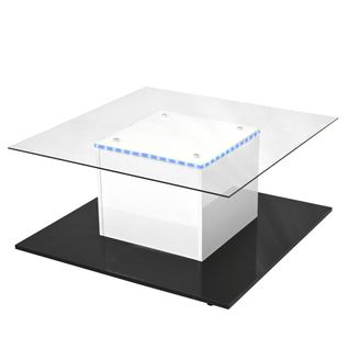 Table Basse Carrée LED Moderne - Espace De Rangement - Brillant - Roulettes - Blanc Et Noir