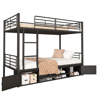 Lit Superposé Enfant 90x200 Cm - Échelle - Rangement - Tiroirs - Protection Anti-chute - Métal Noir