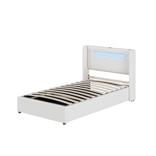 Lit Coffre 90x200 Cm - Lit Simple Avec LED, Bluetooth Et USB, Coffre En Simili Cuir Blanc