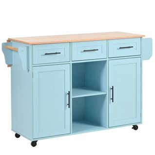 Desserte De Cuisine - Buffet Mobile - Plateau Rabattable - Rangement - Roulettes - Pieds Bois - Bleu