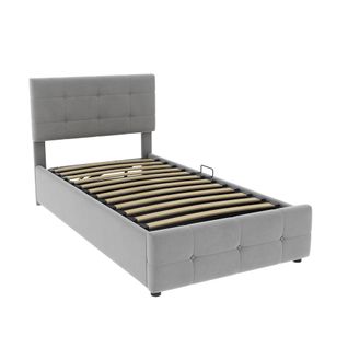 Lit Coffre 90x200 Cm - Simple Capitonné - Espace De Rangement Et Coffre Hydraulique - Velours - Gris