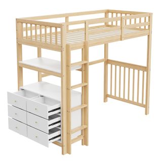 Lit Mezzanine 90x200 Cm Combiné Avec Étagères Et Bureau - Cadre Pin - Naturel