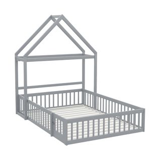 Lit Enfant 140x200 Cm - Lit Cabane Au Sol Avec Barrières - Porte Et Sommier  - Gris