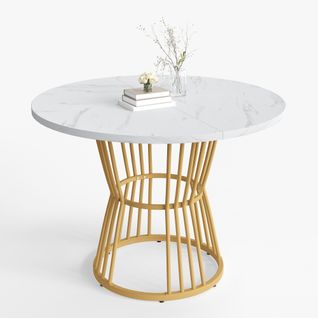 Table à Manger Ronde - Plateau Effet Marbre - Pieds Dorés - Design Élégant - Mdf - Métal - Blanc