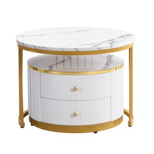 Tables Basses Gigognes Effet Marbre Avec 2 Tiroirs, Mdf Imitation Marbre, Or, 60×60×45,5/50×50×32 Cm