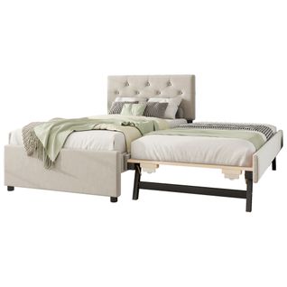 Lit Gigogne 90x200 Cm - Lit Simple Avec Roulettes Et Lit Extensible - Velours - Beige