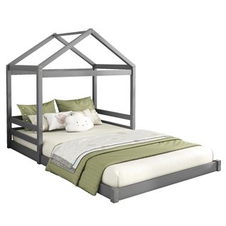 Lit Enfant 140x200 Cm - Lit Cabane Maison Décoratif Avec Lattes - Pin + Mdf - Gris