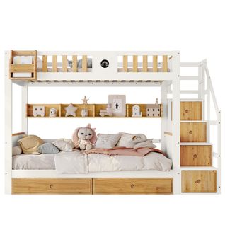 Lit Superposé 90x200 Cm - Enfant - Rangement - 2 Tiroirs - Armoires - Pin Mdf - Blanc+naturel
