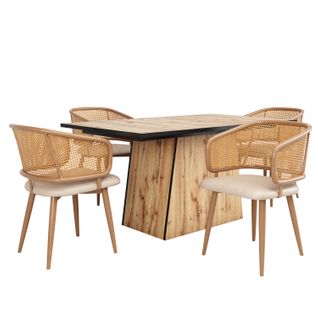 Chaises Salle à Manger - Lot De 6 - Assise Pu - Dossier Rotin - Style Moderne - Beige