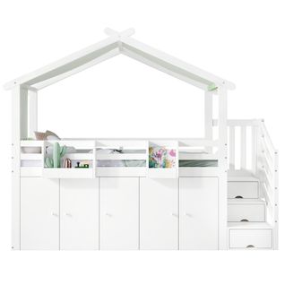 Lit Superposé Enfant 90x200 Cm Avec Porte De Sécurité, Armoire et Rangements, 3 Coffres, Blanc+vert