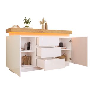 Commode - Meuble De Rangement Salon - 2 Portes - 3 Tiroirs - LED App Contrôlable - Mdf - Blanc