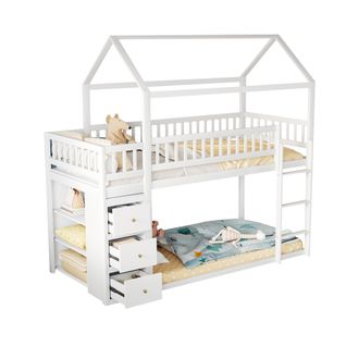 Lit Superposé 90x200 Cm - Cabane Enfant - Rangement - Protection - Combiné Bois Avec Échelle - Blanc