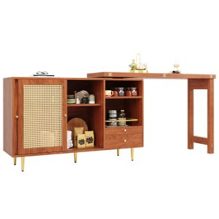Table Bar - Extensible - Rotatif 360° - Rangement - Portes Rotin - Table Haute Cuisine - Mdf- Brun