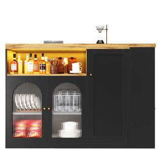 Îlot De Cuisine - Plateau Bois - Mdf - LED - Vitrine Verre Cannelé - Meuble Bar Moderne - Noir