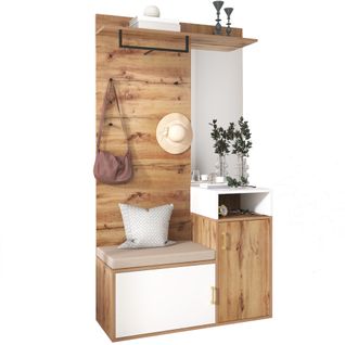 Armoire Avec Miroir Et Banc à Chaussures, Patère, Panneaux De Particules Et Mdf, Blanc Et Bois