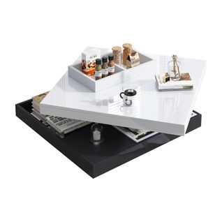 Table Basse - Plateau Rotatif 360° Et Rangement Caché - Double Plateau - Haut Brillant - Blanc+noir