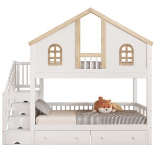 Lit Superposé Enfant 90x200 Cm - Fenêtre - Échelle Inclinée - Tiroirs - Sécurité - Mdf - Blanc