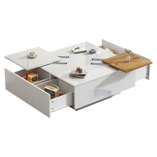 Table Basse - Espace De Rangement Et Plateau Coulissant - Moderne - Bois Naturel Et Blanc
