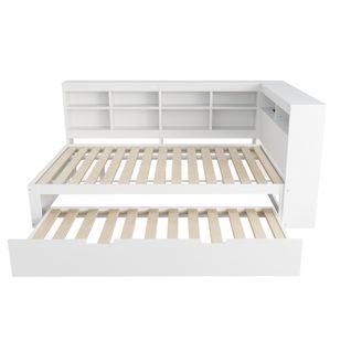 Lit Gigogne 140x200 Cm + Lit Tiroir 90x190 Cm - Coffres - USB - Multifonction Chambre- Bois - Blanc