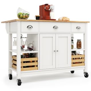 Îlot De Cuisine - Meuble Multifonction - Paniers En Pin - Rangement Intégré - Mdf - Blanc+naturel