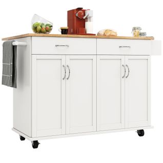 Îlot De Cuisine Mobile - Plan De Travail Et Rangement Compact - Mdf Métal - Blanc