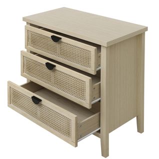 Commode 3 Tiroirs En Rotin - Tissage Alvéolé - Rails De Glissement - Meuble Polyvalent -bois Naturel
