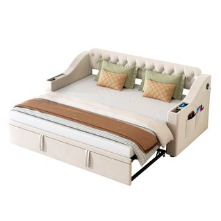 Lit Gigogne 90x190 Cm - Coffres Intégrés - Prise USB - Convertible Multifonction - Velours - Beige